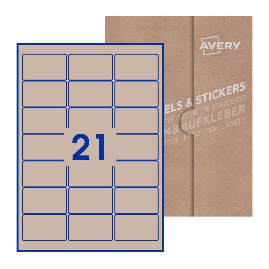 illustrazione di un foglio con 21 etichette rettangolari e sullo sfondo una confezione marrone - Etichette adesive rettangolari  64 x 38mm 