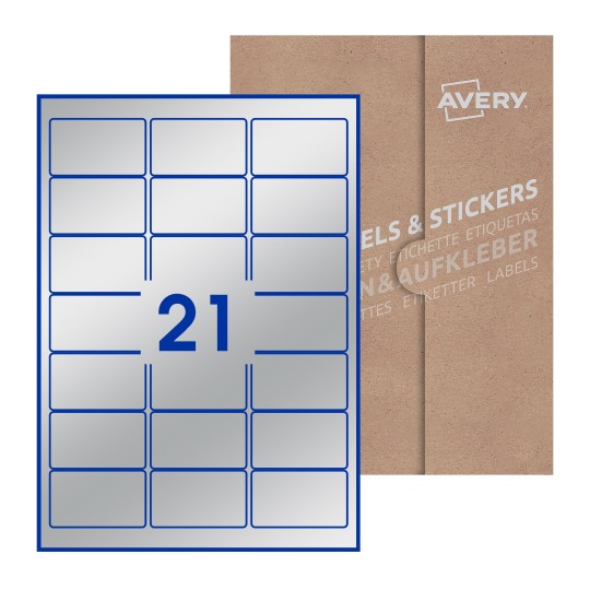 illustrazione di un foglio con 21 etichette rettangolari e sullo sfondo una confezione marrone - Etichette adesive rettangolari  64 x 38mm 