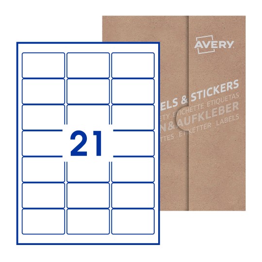 illustrazione di un foglio con 21 etichette rettangolari e sullo sfondo una confezione marrone - Etichette adesive rettangolari  64 x 38mm 