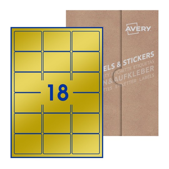 illustrazione di un foglio con 15 etichette rettangolari e sullo sfondo una confezione marrone - Etichette adesive rettangolari  64 x 47mm 