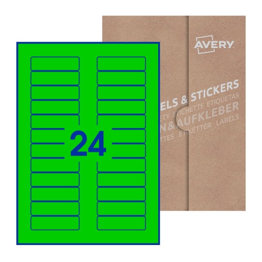 illustrazione di un foglio con 24 etichette rettangolari e sullo sfondo una confezione marrone - Etichette adesive rettangolari  72 x 21mm 