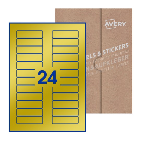 illustrazione di un foglio con 24 etichette rettangolari e sullo sfondo una confezione marrone - Etichette adesive rettangolari  72 x 21mm 