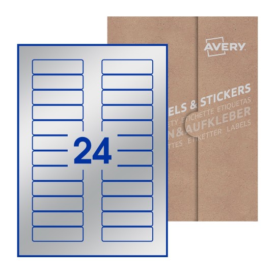 illustrazione di un foglio con 24 etichette rettangolari e sullo sfondo una confezione marrone - Etichette adesive rettangolari  72 x 21mm 