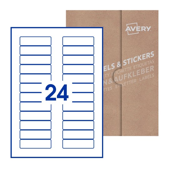 illustrazione di un foglio con 24 etichette rettangolari e sullo sfondo una confezione marrone - Etichette adesive rettangolari  72 x 21mm 