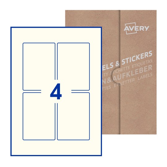 illustrazione di un foglio con 4 etichette rettangolari e sullo sfondo una confezione marrone - Etichette adesive rettangolari  75 x 110mm 