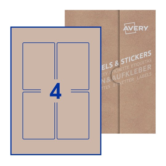 illustrazione di un foglio con 4 etichette rettangolari e sullo sfondo una confezione marrone - Etichette adesive rettangolari  75 x 110mm 