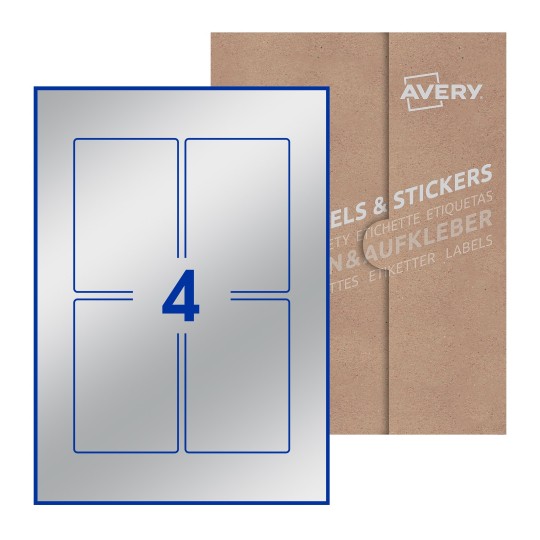 illustrazione di un foglio con 4 etichette rettangolari e sullo sfondo una confezione marrone - Etichette adesive rettangolari  75 x 110mm 