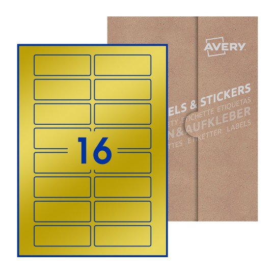 illustrazione di un foglio con 16 etichette rettangolari e sullo sfondo una confezione marrone - Etichette adesive rettangolari  80 x 30mm 