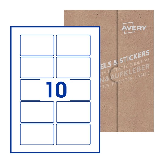 illustrazione di un foglio con 10 etichette rettangolari e sullo sfondo una confezione marrone - Etichette adesive rettangolari  80 x 50mm 