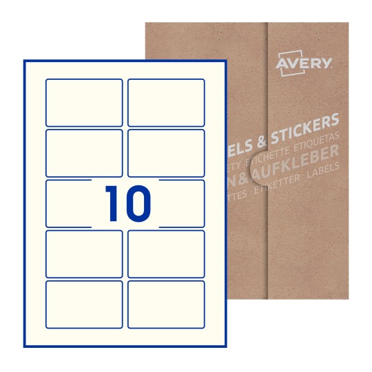illustrazione di un foglio con 10 etichette rettangolari e sullo sfondo una confezione marrone - Etichette adesive rettangolari  80 x 50mm 