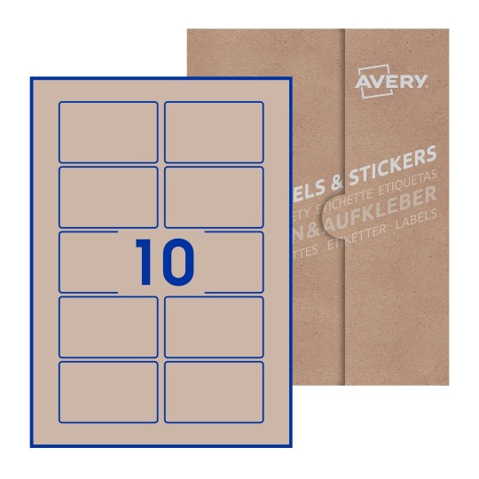 illustrazione di un foglio con 10 etichette rettangolari e sullo sfondo una confezione marrone - Etichette adesive rettangolari  80 x 50mm 