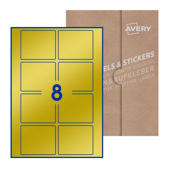 illustrazione di un foglio con 8 etichette rettangolari e sullo sfondo una confezione marrone - Etichette adesive rettangolari  80 x 67mm 