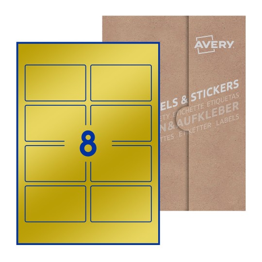 illustrazione di un foglio con 10 etichette rettangolari e sullo sfondo una confezione marrone - Etichette adesive rettangolari  90 x 54mm 