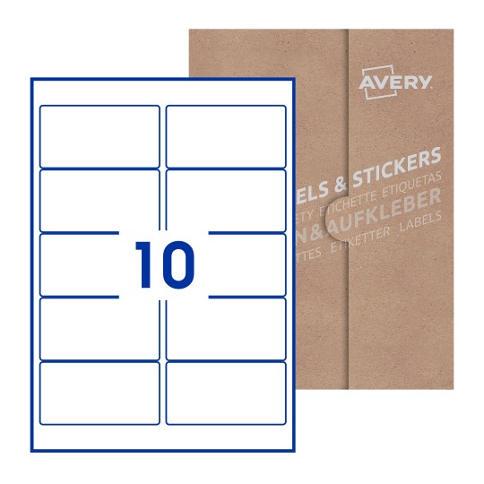 illustrazione di un foglio con 10 etichette rettangolari e sullo sfondo una confezione marrone - Etichette adesive rettangolari  96 x 51mm 
