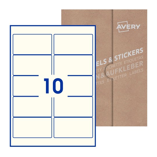 illustrazione di un foglio con 10 etichette rettangolari e sullo sfondo una confezione marrone - Etichette adesive rettangolari  96 x 51mm 