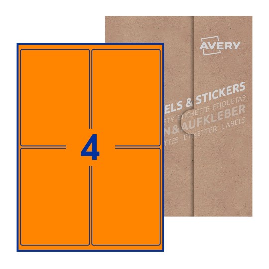 illustrazione di un foglio con 4 etichette rettangolari e sullo sfondo una confezione marrone - Etichette adesive rettangolari  99 x 139mm 