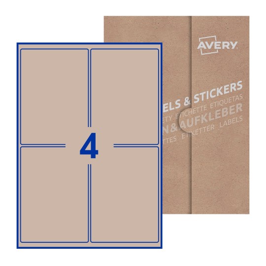 illustrazione di un foglio con 4 etichette rettangolari e sullo sfondo una confezione marrone - Etichette adesive rettangolari  99 x 139mm 