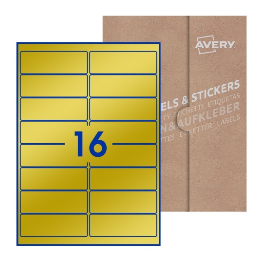 illustrazione di un foglio con 16 etichette rettangolari e sullo sfondo una confezione marrone - Etichette adesive rettangolari  99 x 34mm 