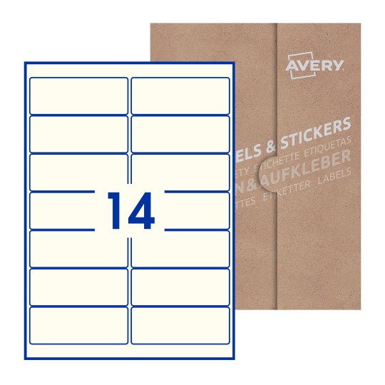 illustrazione di un foglio con 14 etichette rettangolari e sullo sfondo una confezione marrone - Etichette adesive rettangolari  99 x 38mm 