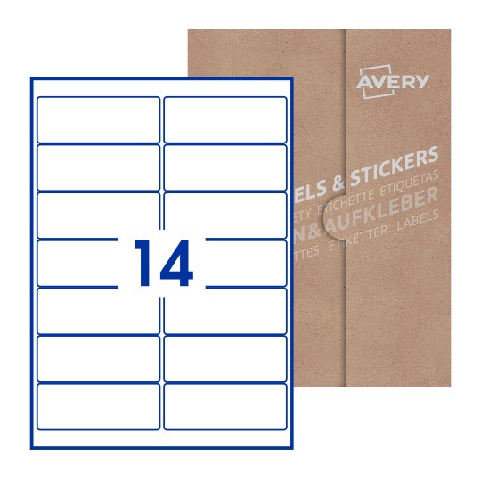 illustrazione di un foglio con 14 etichette rettangolari e sullo sfondo una confezione marrone - Etichette adesive rettangolari  99 x 38mm 