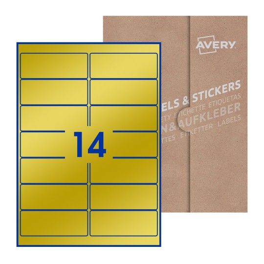 illustrazione di un foglio con 14 etichette rettangolari e sullo sfondo una confezione marrone - Etichette adesive rettangolari  99 x 38mm 