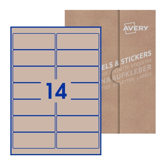 illustrazione di un foglio con 14 etichette rettangolari e sullo sfondo una confezione marrone - Etichette adesive rettangolari  99 x 38mm 