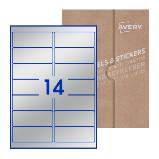 illustrazione di un foglio con 14 etichette rettangolari e sullo sfondo una confezione marrone - Etichette adesive rettangolari  99 x 38mm 