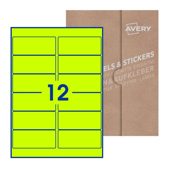 illustrazione di un foglio con 12 etichette rettangolari e sullo sfondo una confezione marrone - Etichette adesive rettangolari  99 x 42mm 