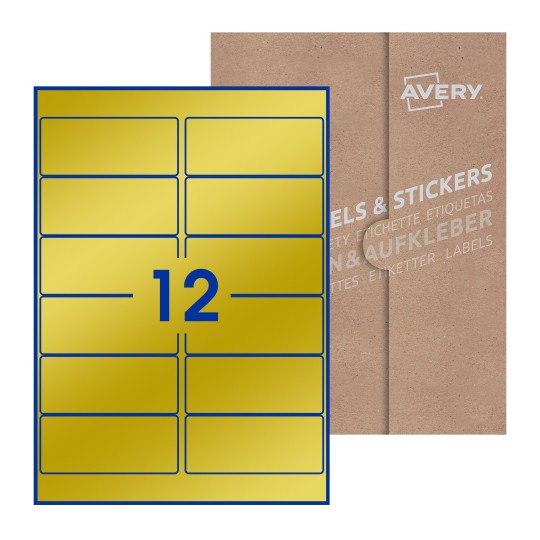 illustrazione di un foglio con 12 etichette rettangolari e sullo sfondo una confezione marrone - Etichette adesive rettangolari  99 x 42mm 
