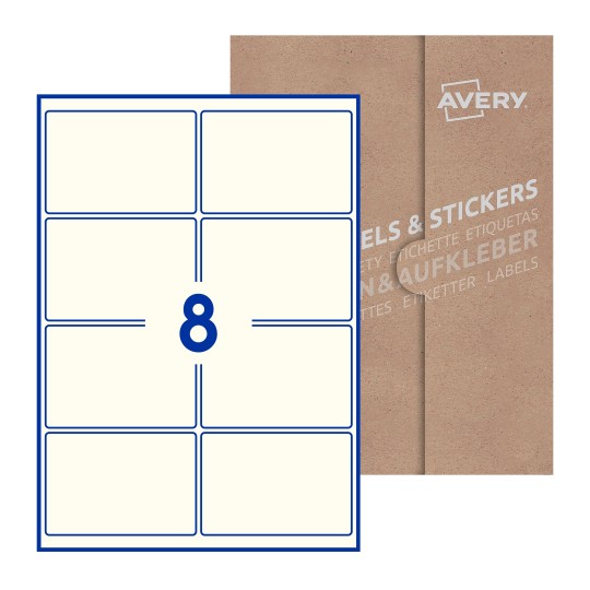 illustrazione di un foglio con 8 etichette rettangolari e sullo sfondo una confezione marrone - Etichette adesive rettangolari  99 x 68mm 
