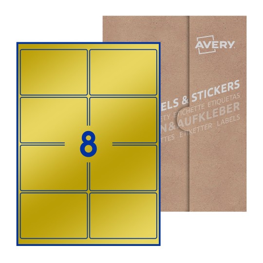 illustrazione di un foglio con 8 etichette rettangolari e sullo sfondo una confezione marrone - Etichette adesive rettangolari  99 x 68mm 