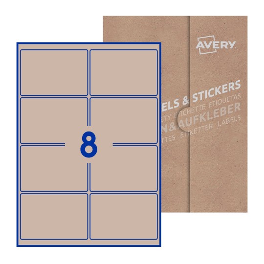 illustrazione di un foglio con 8 etichette rettangolari e sullo sfondo una confezione marrone - Etichette adesive rettangolari  99 x 68mm 