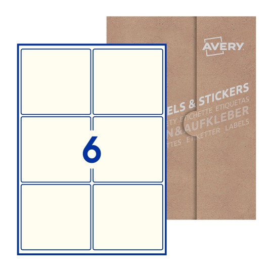 illustrazione di un foglio con 6 etichette rettangolari e sullo sfondo una confezione marrone - Etichette adesive rettangolari  99 x 93mm 