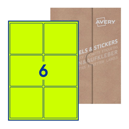 illustrazione di un foglio con 6 etichette rettangolari e sullo sfondo una confezione marrone - Etichette adesive rettangolari  99 x 93mm 