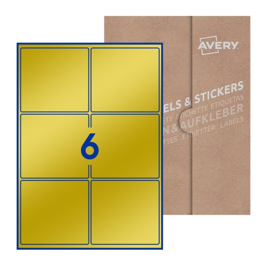 illustrazione di un foglio con 6 etichette rettangolari e sullo sfondo una confezione marrone - Etichette adesive rettangolari  99 x 93mm 