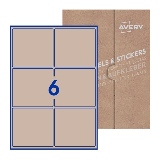 illustrazione di un foglio con 6 etichette rettangolari e sullo sfondo una confezione marrone - Etichette adesive rettangolari  99 x 93mm 