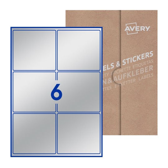 illustrazione di un foglio con 6 etichette rettangolari e sullo sfondo una confezione marrone - Etichette adesive rettangolari  99 x 93mm 