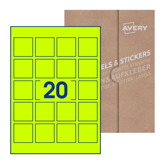 illustrazione di un foglio con 20 etichette quadrate e sullo sfondo una confezione marrone - Etichette adesive quadrate 45 x 45mm