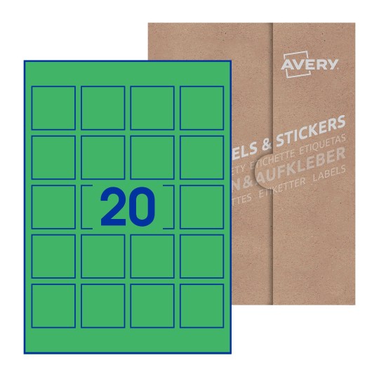 illustrazione di un foglio con 20 etichette quadrate e sullo sfondo una confezione marrone - Etichette adesive quadrate 45 x 45mm