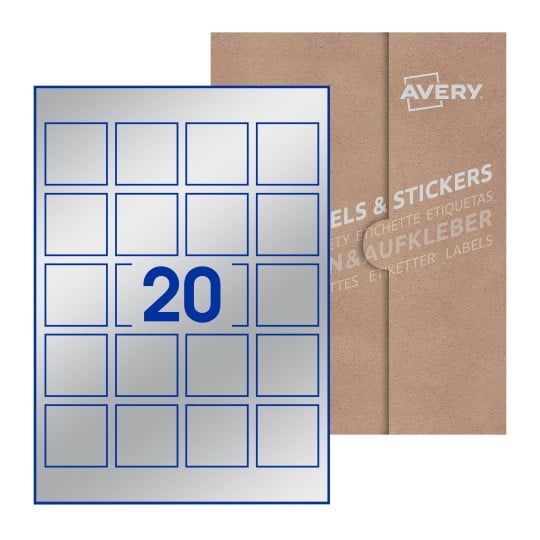 illustrazione di un foglio con 20 etichette quadrate e sullo sfondo una confezione marrone - Etichette adesive quadrate 45 x 45mm