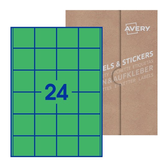 illustrazione di un foglio con 15 etichette quadrate e sullo sfondo una confezione marrone - Etichette adesive quadrate 50 x 50mm