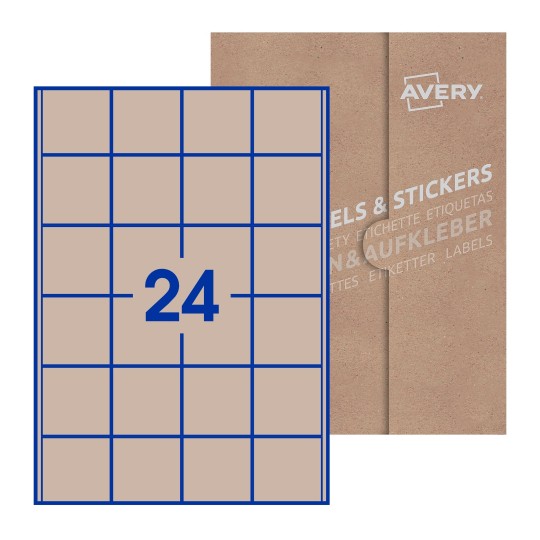 illustrazione di un foglio con 15 etichette quadrate e sullo sfondo una confezione marrone - Etichette adesive quadrate 50 x 50mm