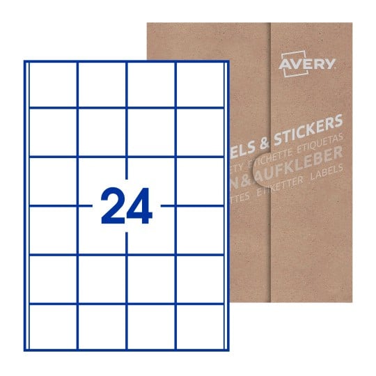 illustrazione di un foglio con 15 etichette quadrate e sullo sfondo una confezione marrone - Etichette adesive quadrate 50 x 50mm
