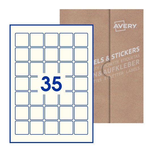 illustrazione di un foglio con 35 etichette quadrate e sullo sfondo una confezione marrone - Etichette adesive quadrate 35 x 35mm 