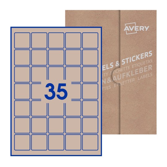 illustrazione di un foglio con 35 etichette quadrate e sullo sfondo una confezione marrone - Etichette adesive quadrate 37 x 37mm