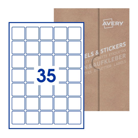 illustrazione di un foglio con 35 etichette quadrate e sullo sfondo una confezione marrone - Etichette adesive quadrate 37 x 37mm