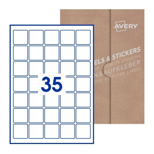 illustrazione di un foglio con 35 etichette quadrate e sullo sfondo una confezione marrone - Etichette adesive quadrate 37 x 37mm