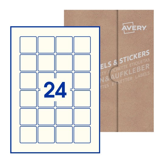 illustrazione di un foglio con 24 etichette quadrate e sullo sfondo una confezione marrone - Etichette adesive quadrate 40 x 40mm