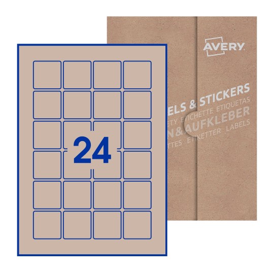 illustrazione di un foglio con 24 etichette quadrate e sullo sfondo una confezione marrone - Etichette adesive quadrate 40 x 40mm