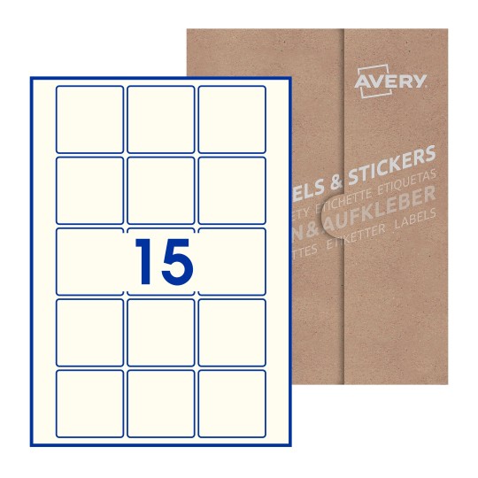 illustrazione di un foglio con 15 etichette quadrate e sullo sfondo una confezione marrone - Etichette adesive quadrate 55 x 55mm